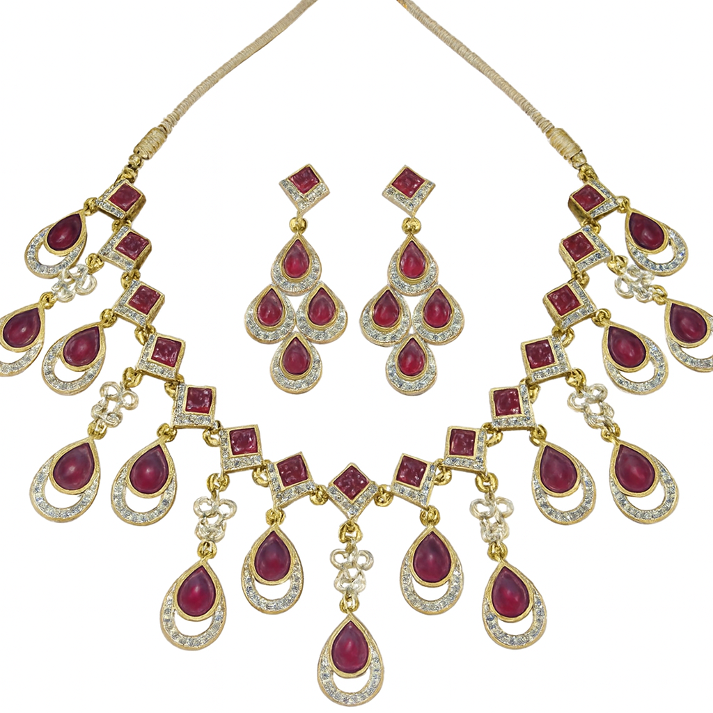 Bridal Gold-Plated Red Stone Necklace Set with Earrings-Set Of -2