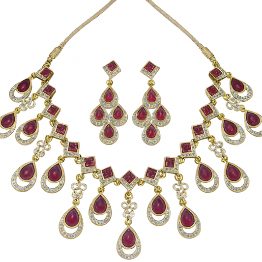 Bridal Gold-Plated Red Stone Necklace Set with Earrings-Set Of -2