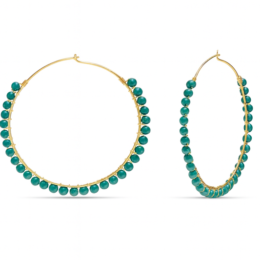 Gold and Teal Beaded Hoop Earrings