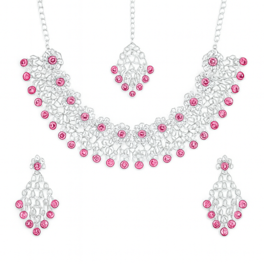 Silver Pink Stone Necklace Set with Maang Tikka