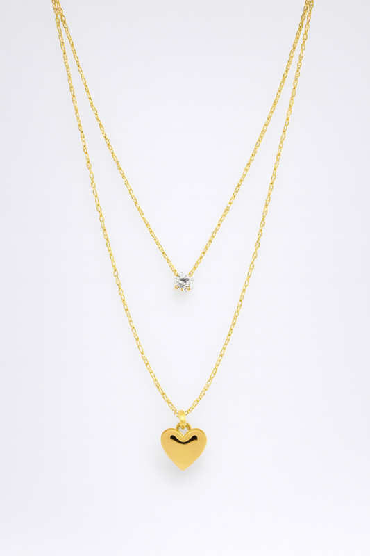 Layered Gold Necklace with Heart & Gem-D 27