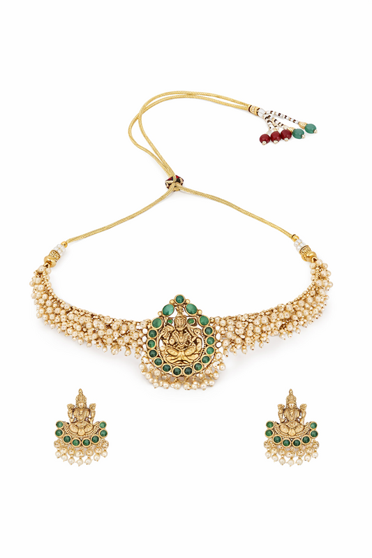 Antique Gold Temple Jewelry Set with Green Stones