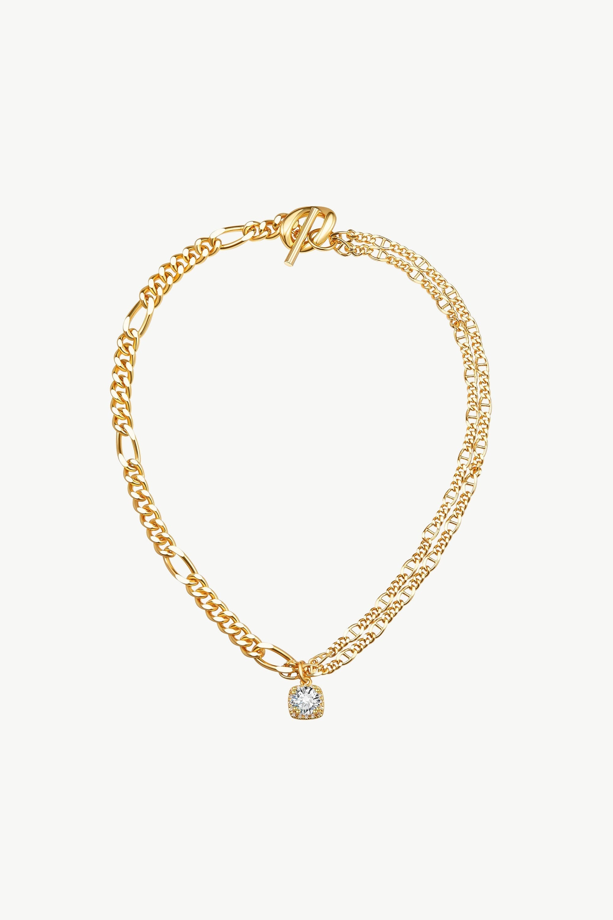 Gold Double Layered Solitaire Zirconia Pendant Necklace