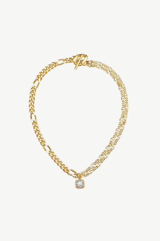 Gold Double Layered Solitaire Zirconia Pendant Necklace