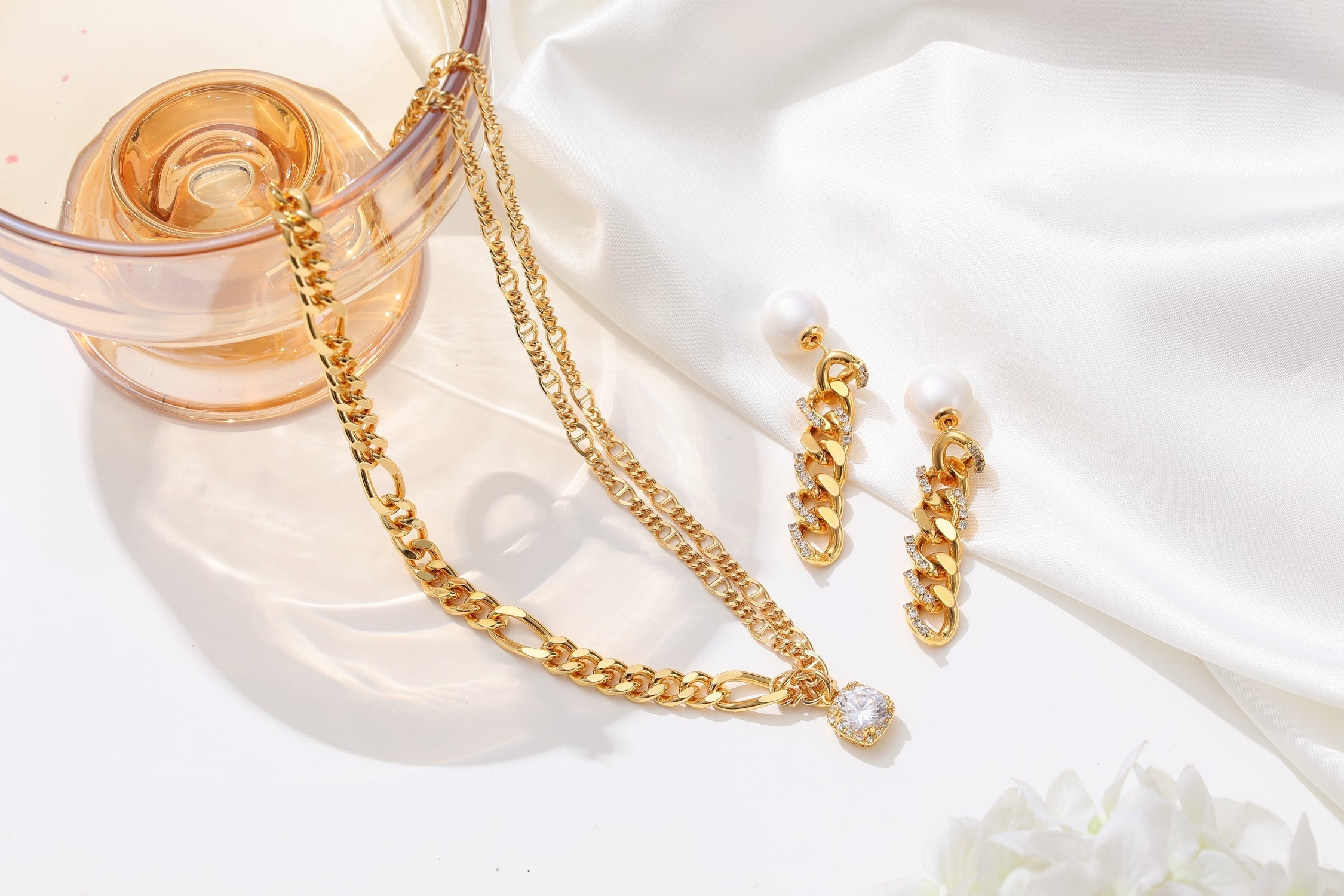 Gold Double Layered Solitaire Zirconia Pendant Necklace