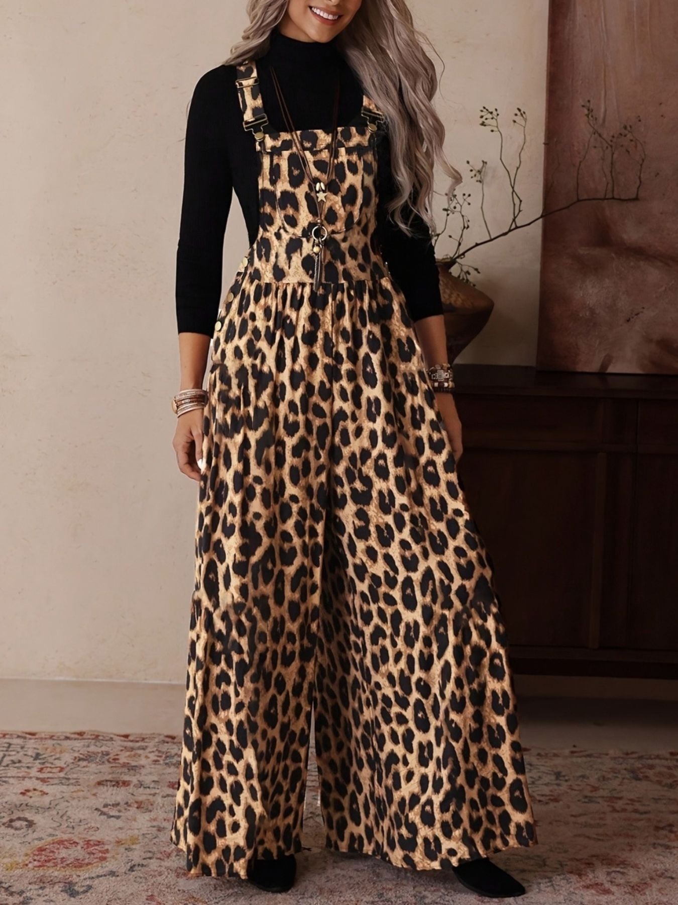 Stylish Leopard Print Wide Leg Overalls Jumpsuits