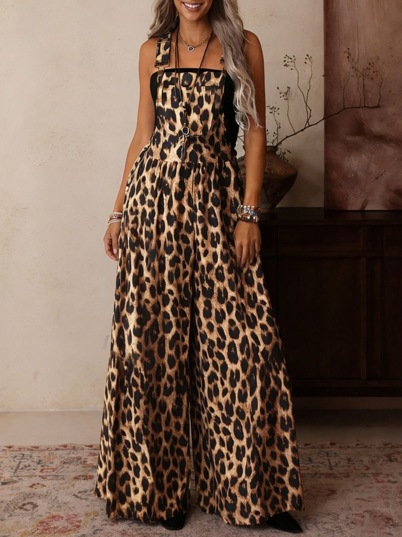 Stylish Leopard Print Wide Leg Overalls Jumpsuits