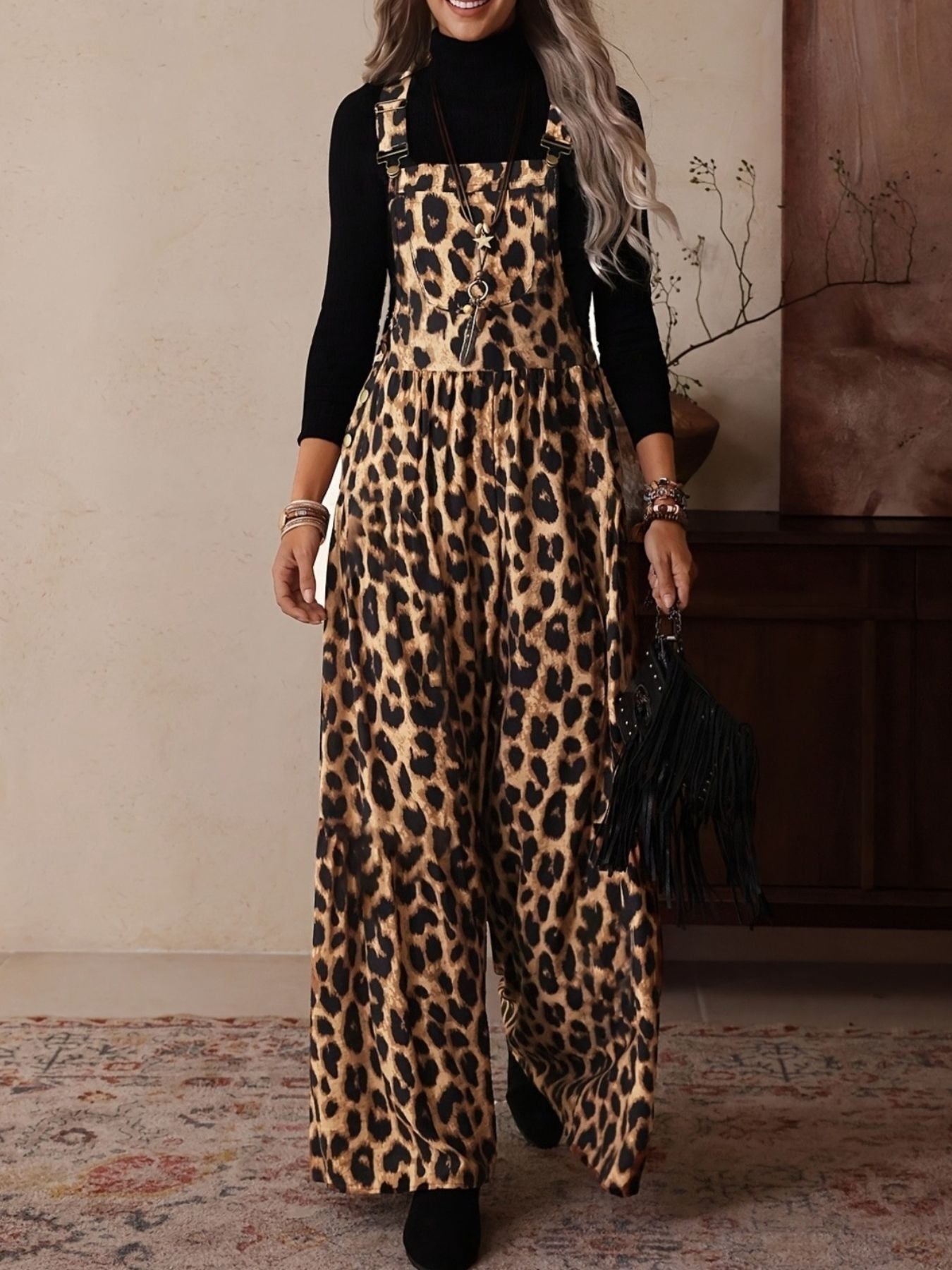 Stylish Leopard Print Wide Leg Overalls Jumpsuits
