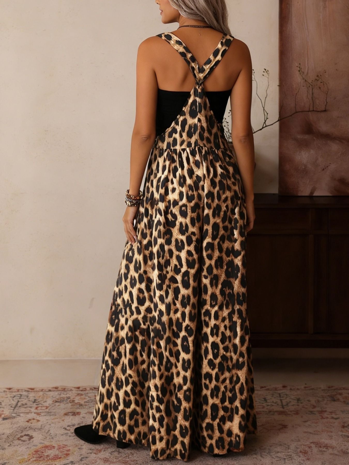 Stylish Leopard Print Wide Leg Overalls Jumpsuits