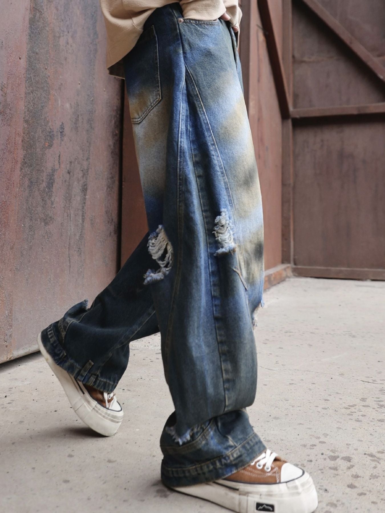Men's Full Size Distressed Wide - Leg Jeans Plus Size