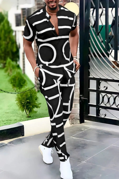 Men's Full Size Geo Print Short Sleeve Top and Pants Set