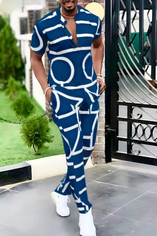 Men's Full Size Geo Print Short Sleeve Top and Pants Set