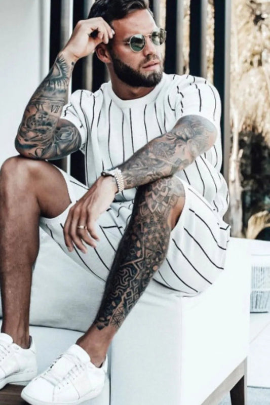 Men's Full Size Striped Casual Top and Shorts Summer Set