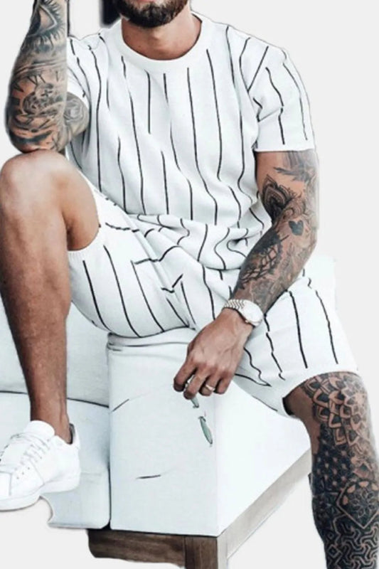 Men's Full Size Striped Casual Top and Shorts Summer Set