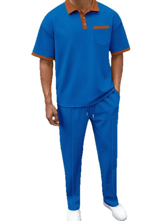 Men's Waffle-Knit Contrast Polo and Pants Set