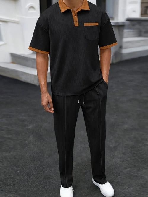 Men's Waffle-Knit Contrast Polo and Pants Set