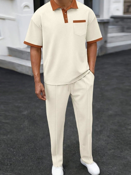 Men's Waffle-Knit Contrast Polo and Pants Set