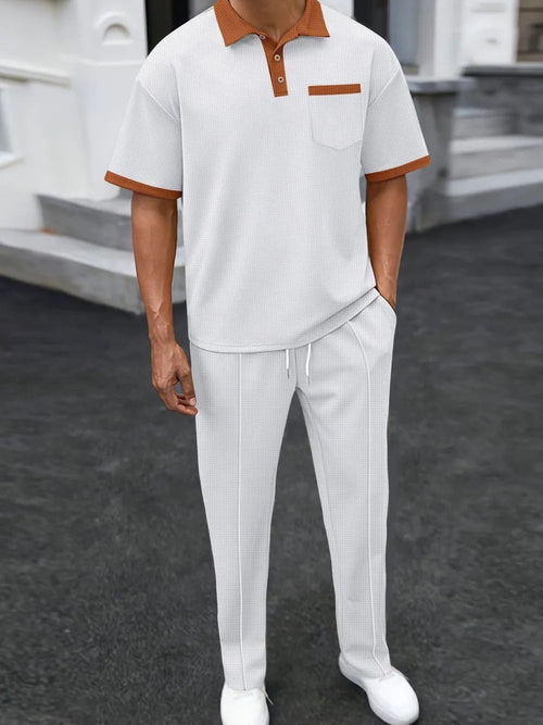 Men's Waffle-Knit Contrast Polo and Pants Set