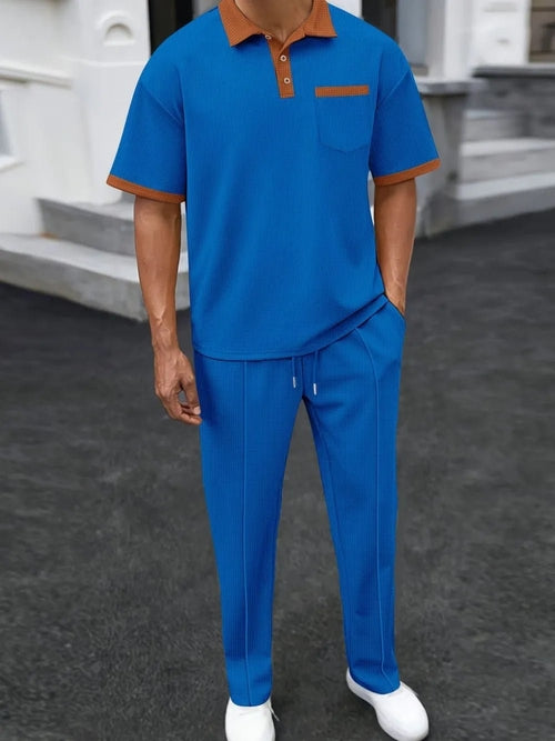 Men's Waffle-Knit Contrast Polo and Pants Set