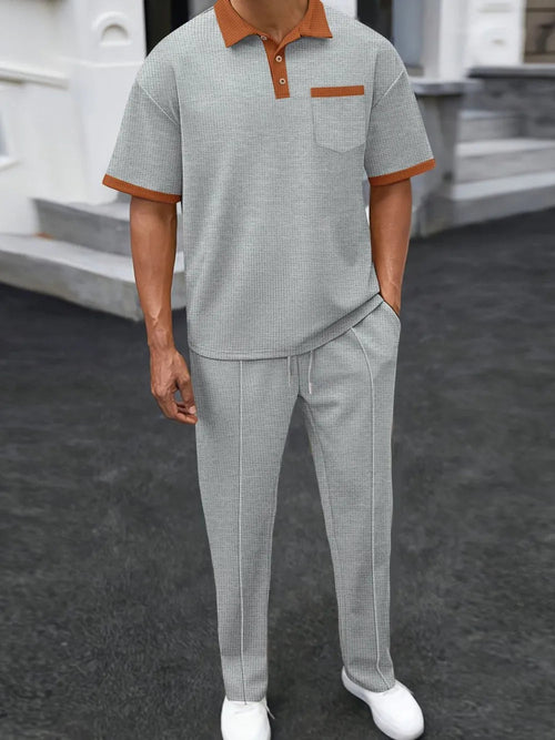 Men's Waffle-Knit Contrast Polo and Pants Set