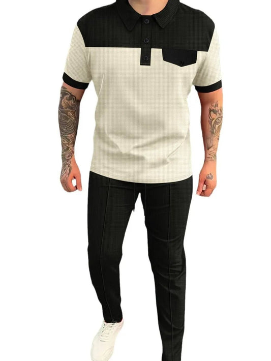 Men‘s Full Size Waffle-Knit Contrast Top and Pants Set Plus Size