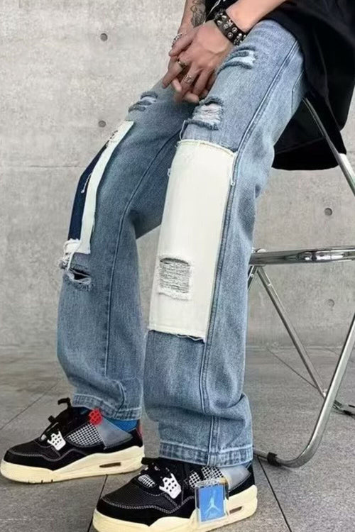 Men's Fashion Ripped Patchwork Wide Leg Jeans