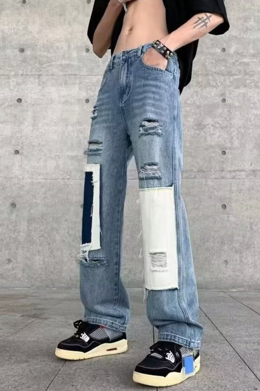 Men's Fashion Ripped Patchwork Wide Leg Jeans