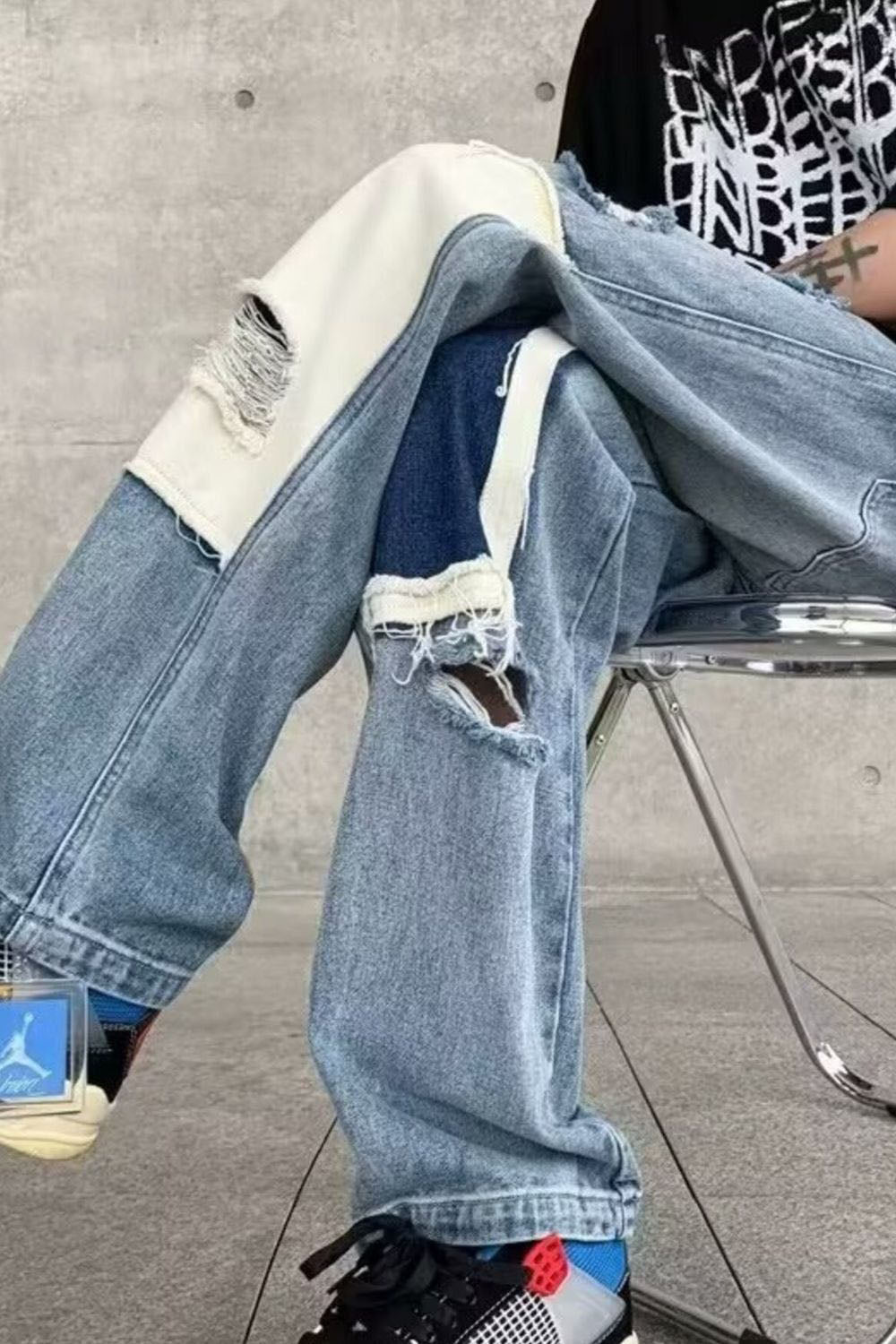 Men's Fashion Ripped Patchwork Wide Leg Jeans