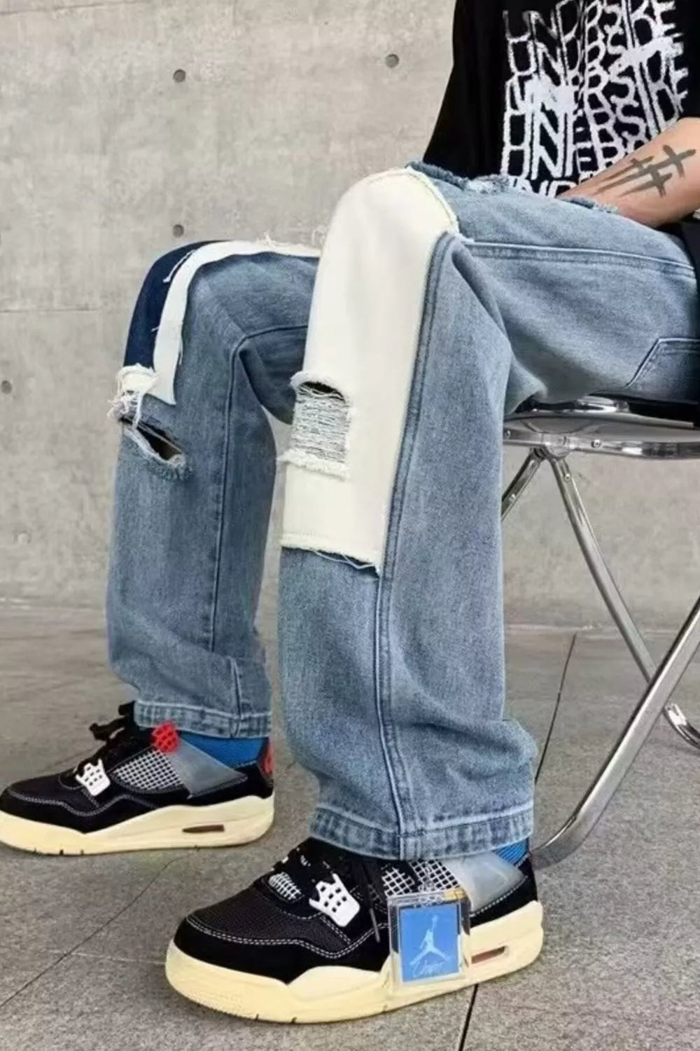 Men's Fashion Ripped Patchwork Wide Leg Jeans