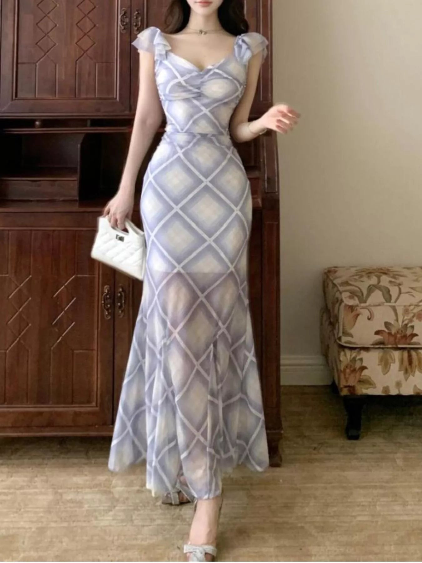 Trendy Plaid Ruffle Cap Sleeve Bodycon Maxi Dress