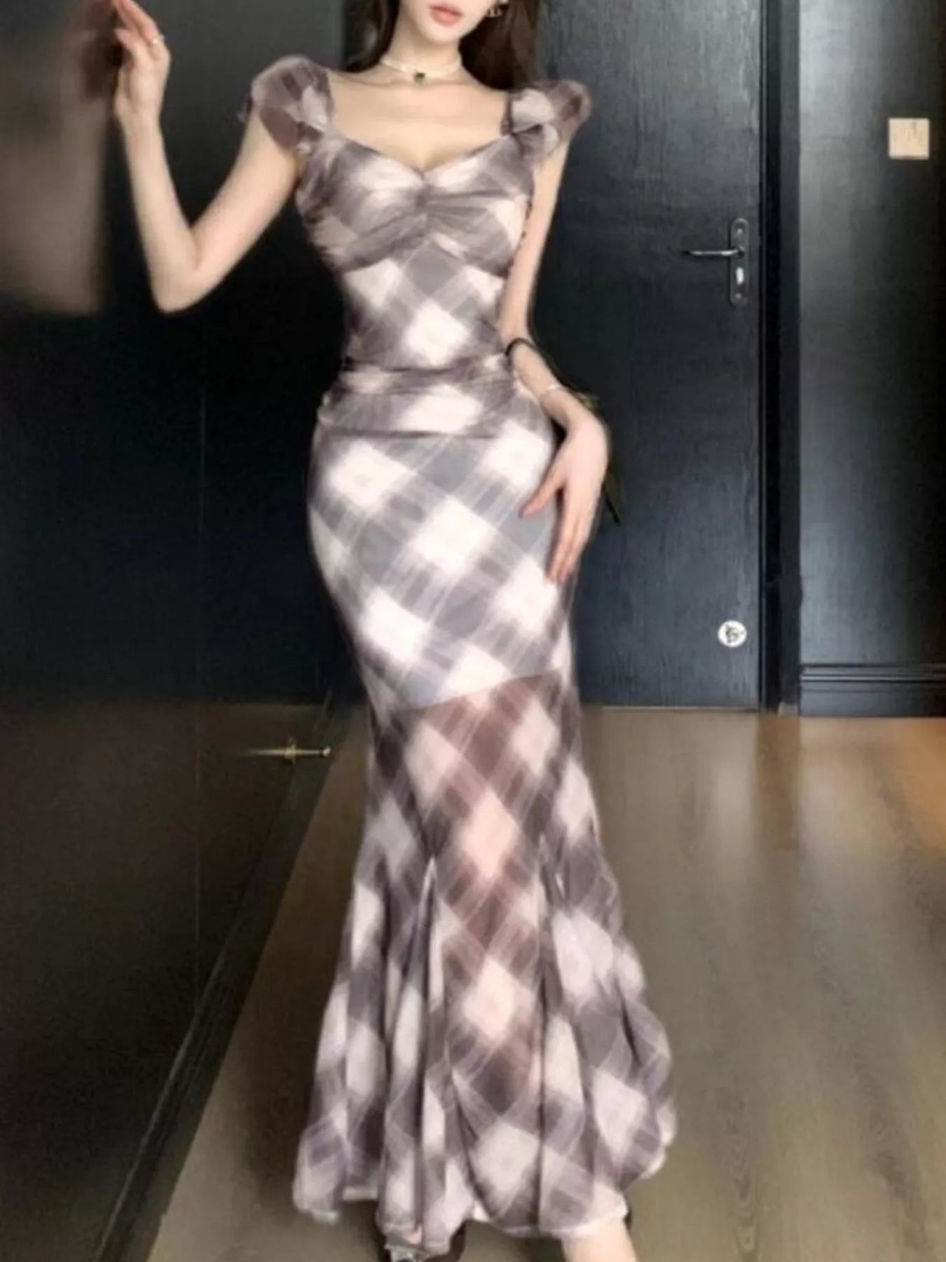 Trendy Plaid Ruffle Cap Sleeve Bodycon Maxi Dress