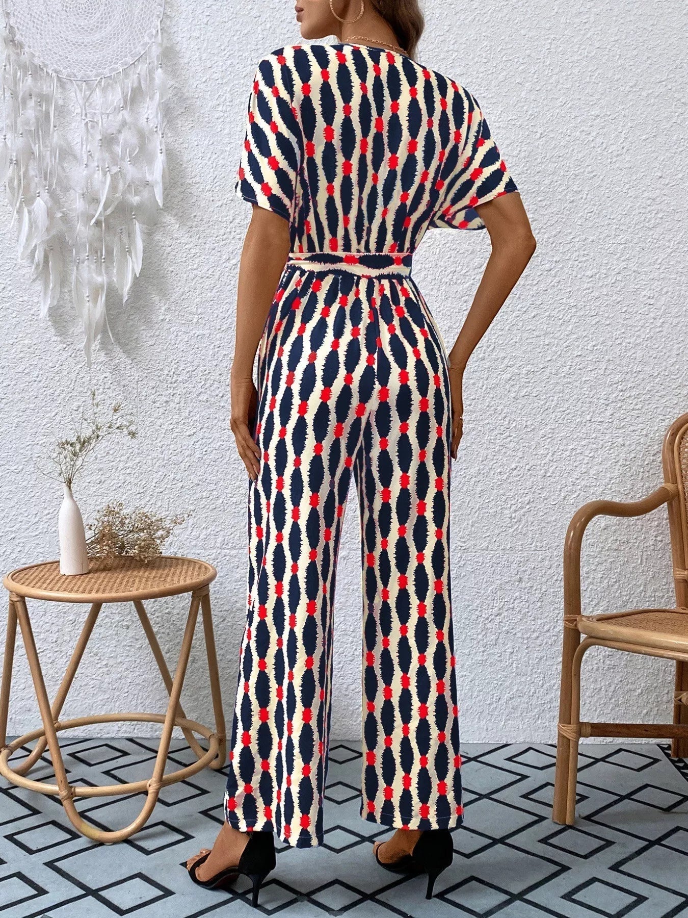 Stylish Printed Surplice Tie Waist Short Sleeve Jumpsuit