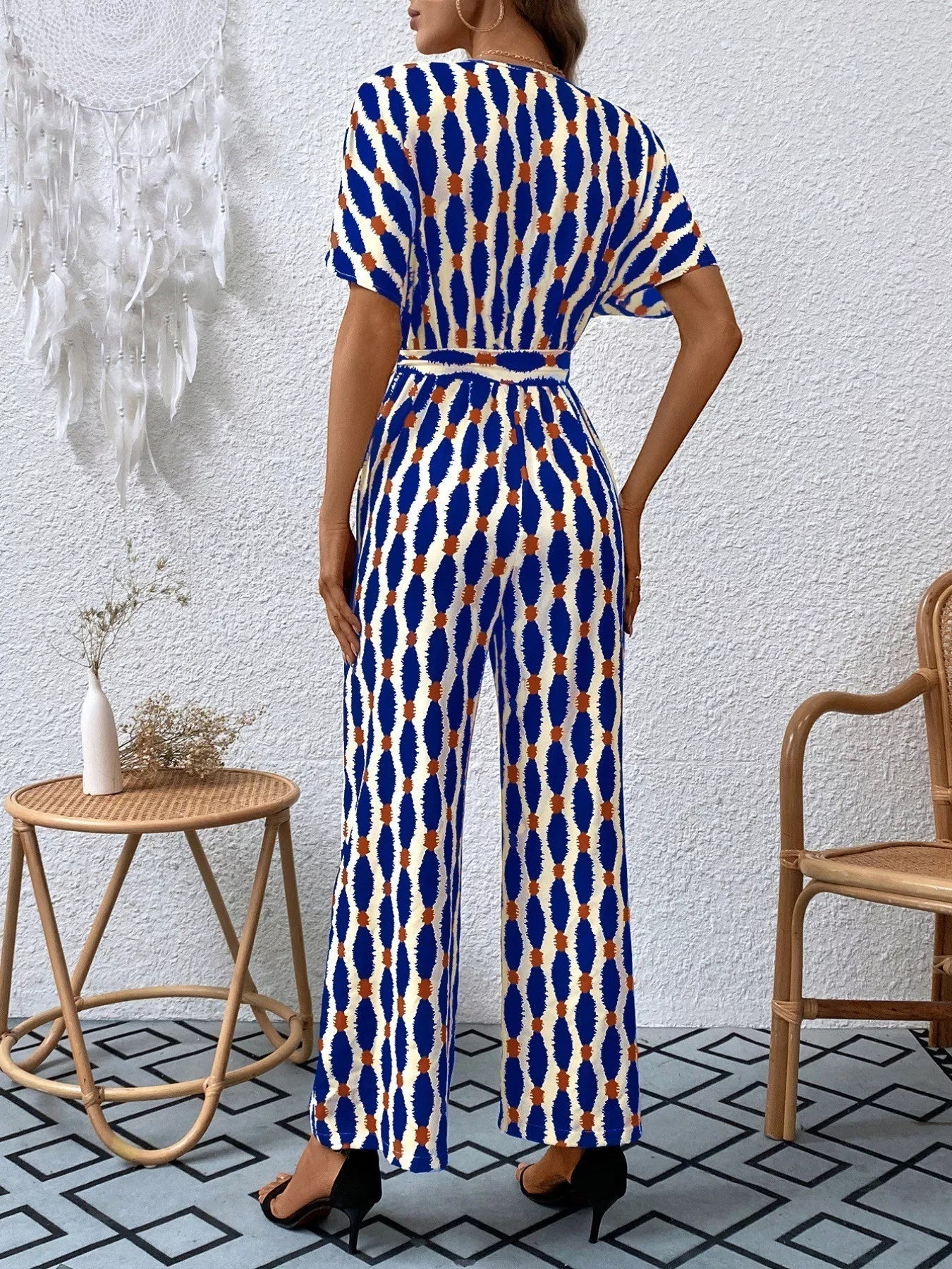 Stylish Printed Surplice Tie Waist Short Sleeve Jumpsuit