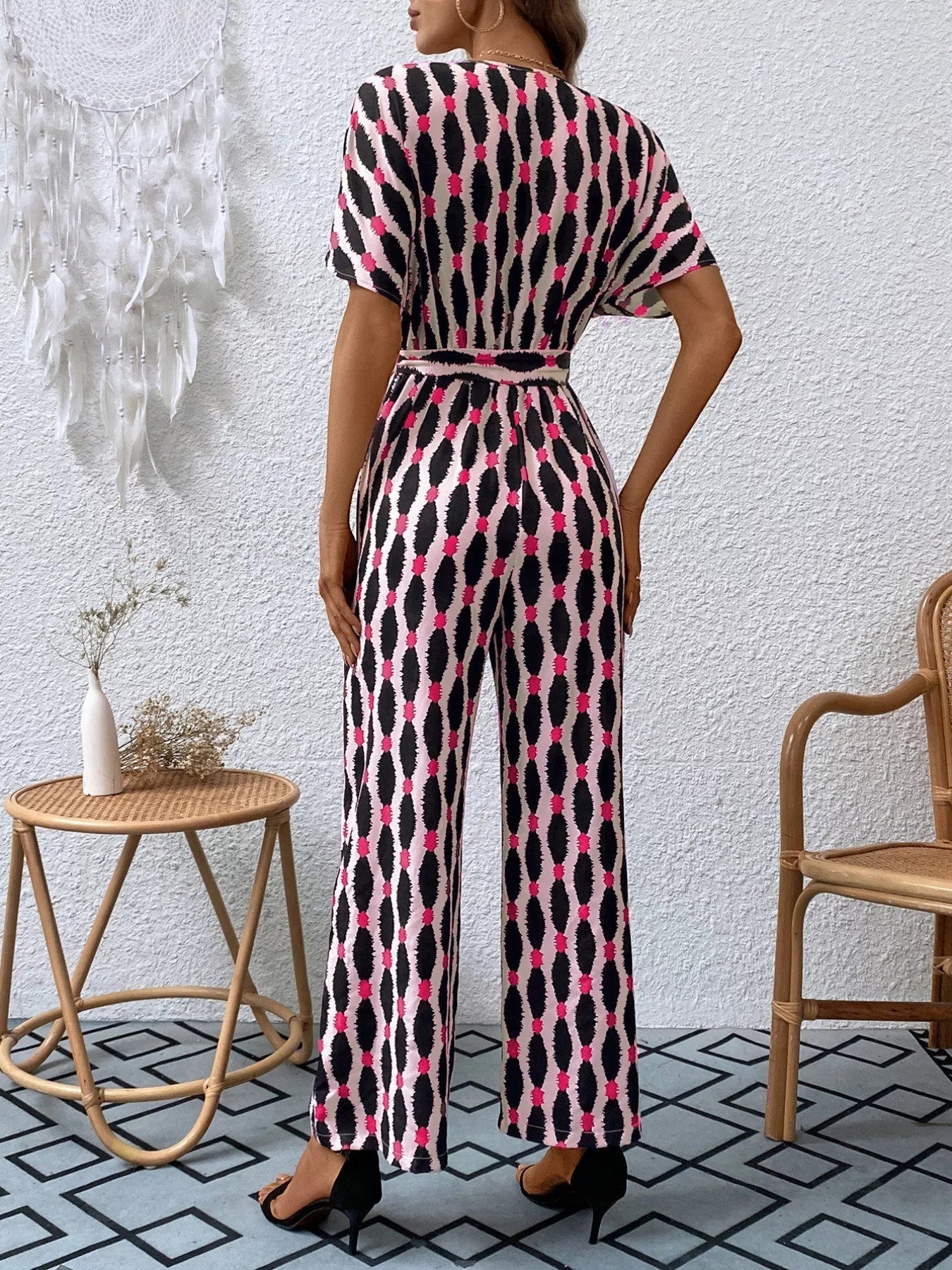 Stylish Printed Surplice Tie Waist Short Sleeve Jumpsuit