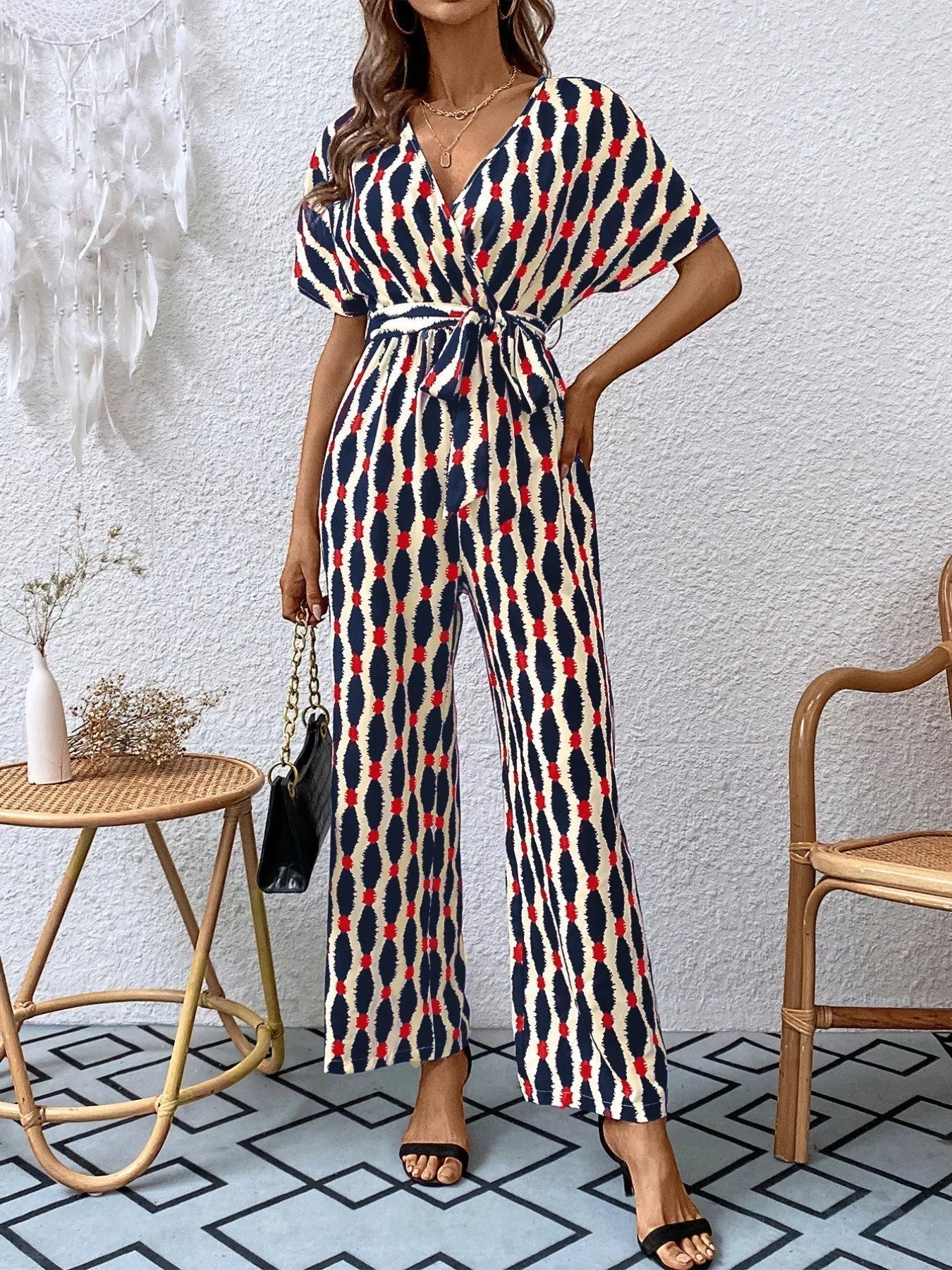 Stylish Printed Surplice Tie Waist Short Sleeve Jumpsuit