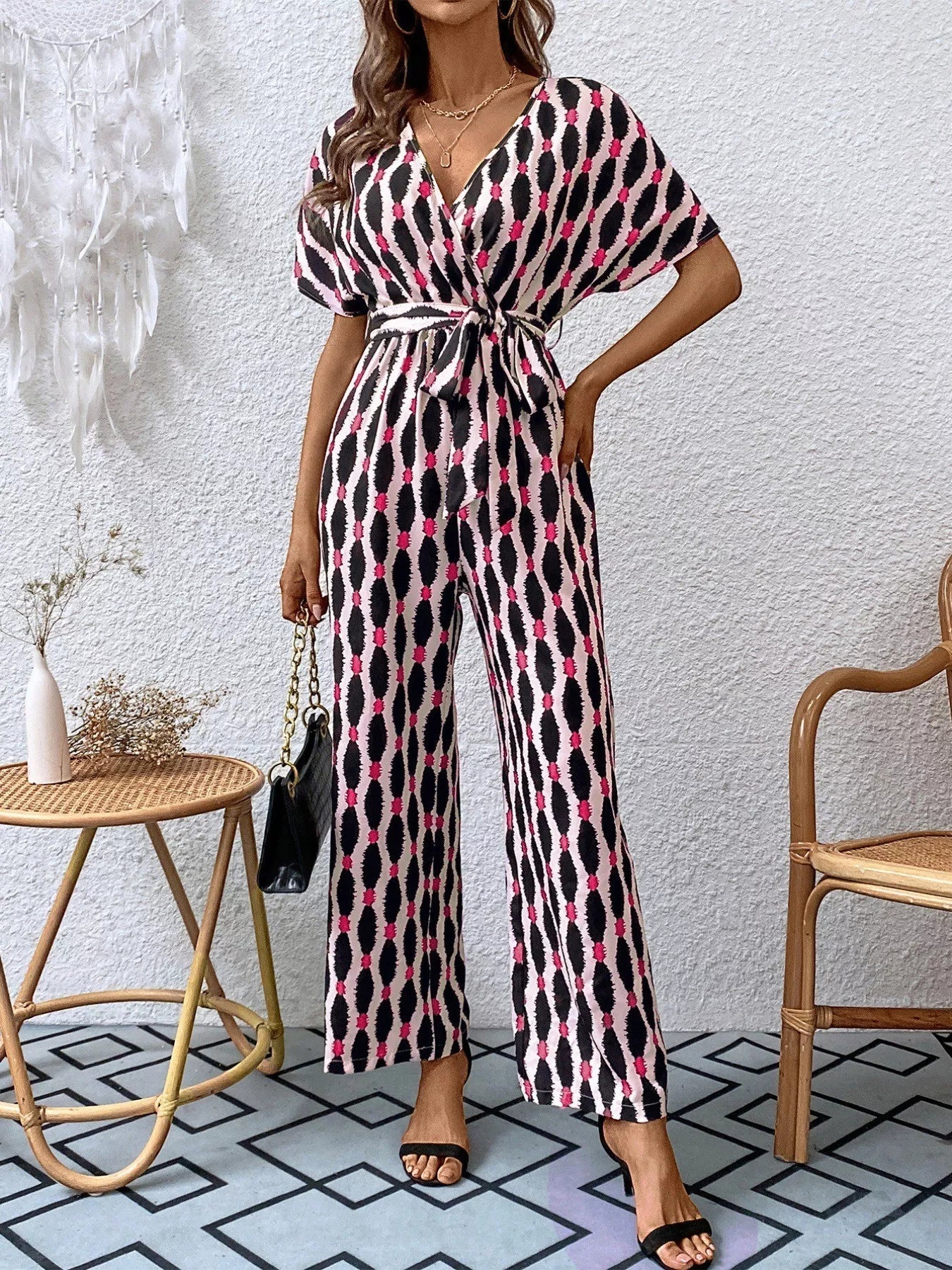 Stylish Printed Surplice Tie Waist Short Sleeve Jumpsuit