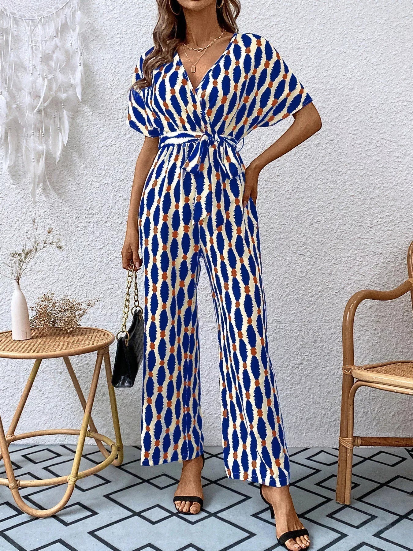 Stylish Printed Surplice Tie Waist Short Sleeve Jumpsuit