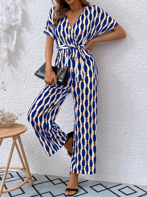 Stylish Printed Surplice Tie Waist Short Sleeve Jumpsuit