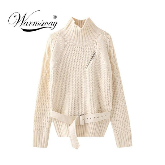 Women Sweater Knitted Fashion Turtleneck Long Sleeve Belt Zipper