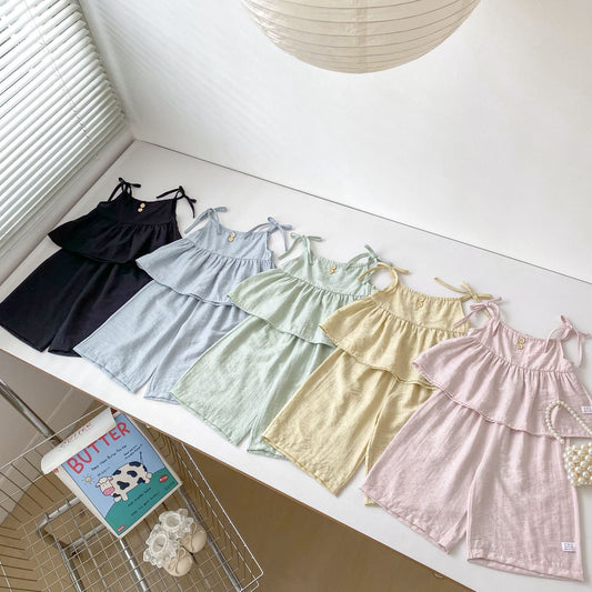 Summer Baby Kids Solid Color Sleeveless Top Vest with Pants Clothing