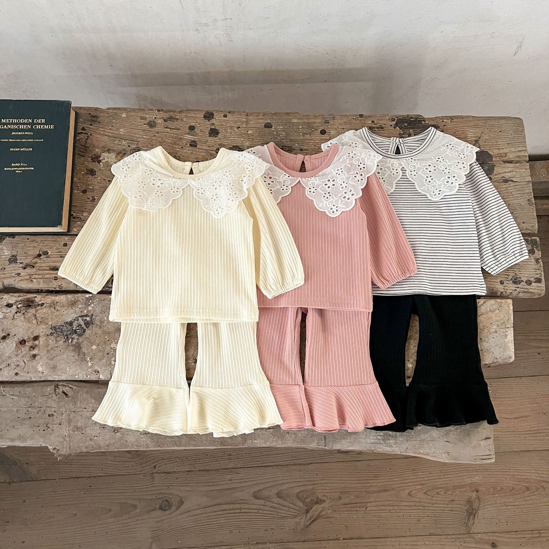 Spring Baby Kids Girls Hollow-Out Collar Top And Flared Pants Clothing