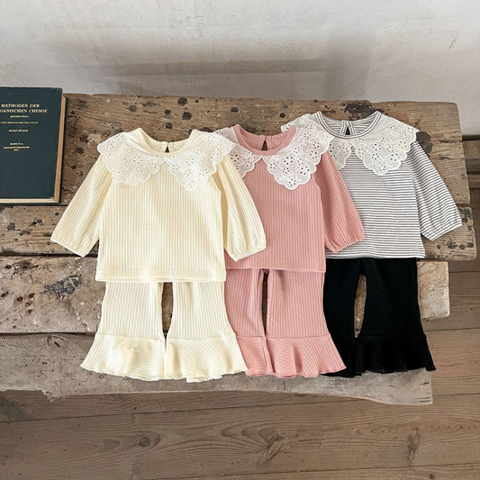 Spring Baby Kids Girls Hollow-Out Collar Top And Flared Pants Clothing