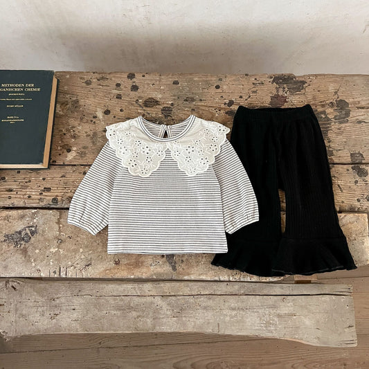 Spring Baby Kids Girls Hollow-Out Collar Top And Flared Pants Clothing