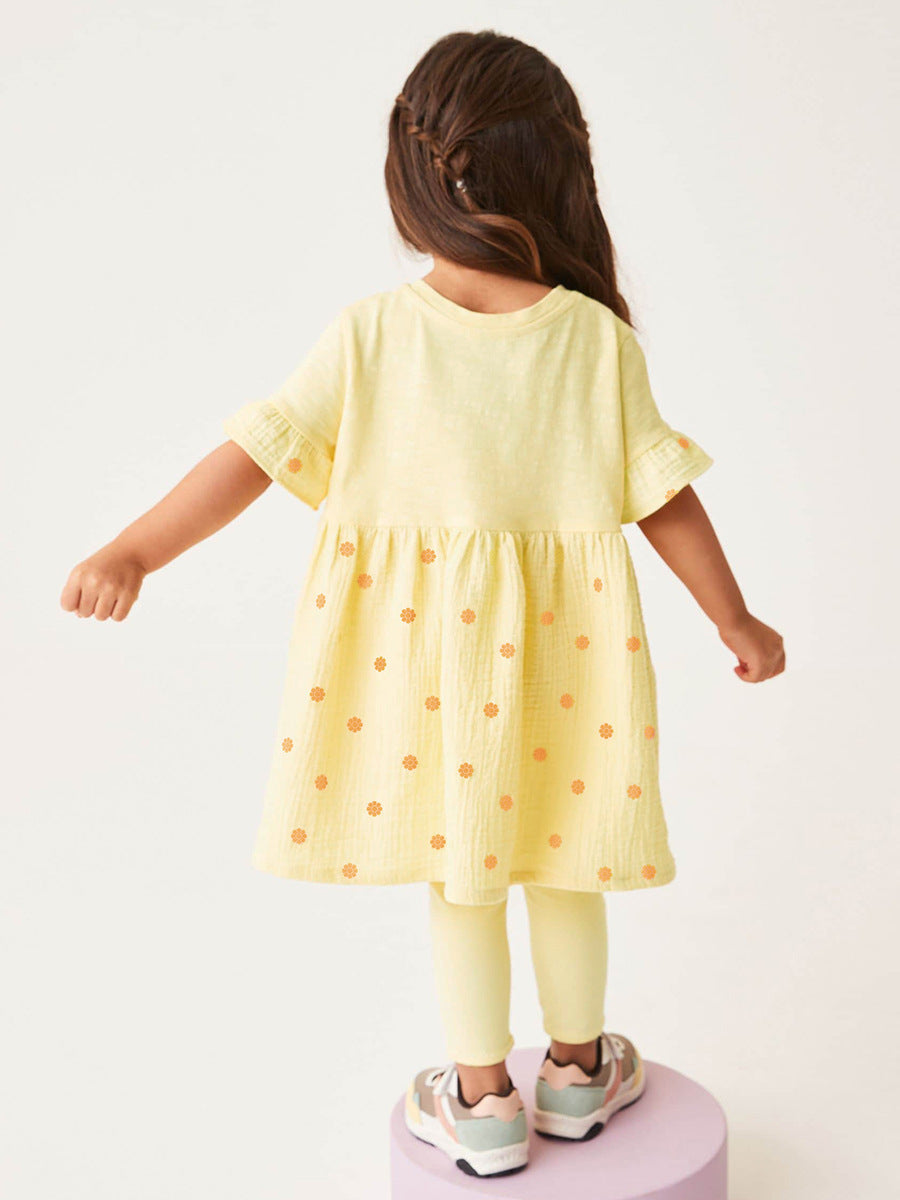 Summer Baby Kids Girls Polka Dots Yellow Dress And Pants Clothing Set