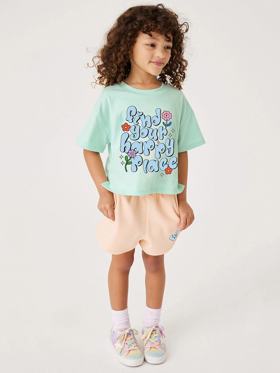 Baby And Kids Girls Floral Words Print Top And Shorts Casual Clothing