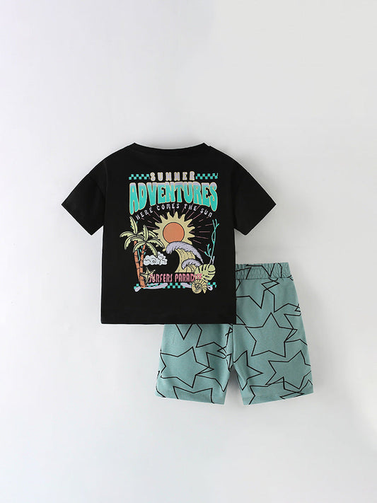 Summer Baby Kids Sun and Stars Pattern T-shirt and Shorts Clothing Set