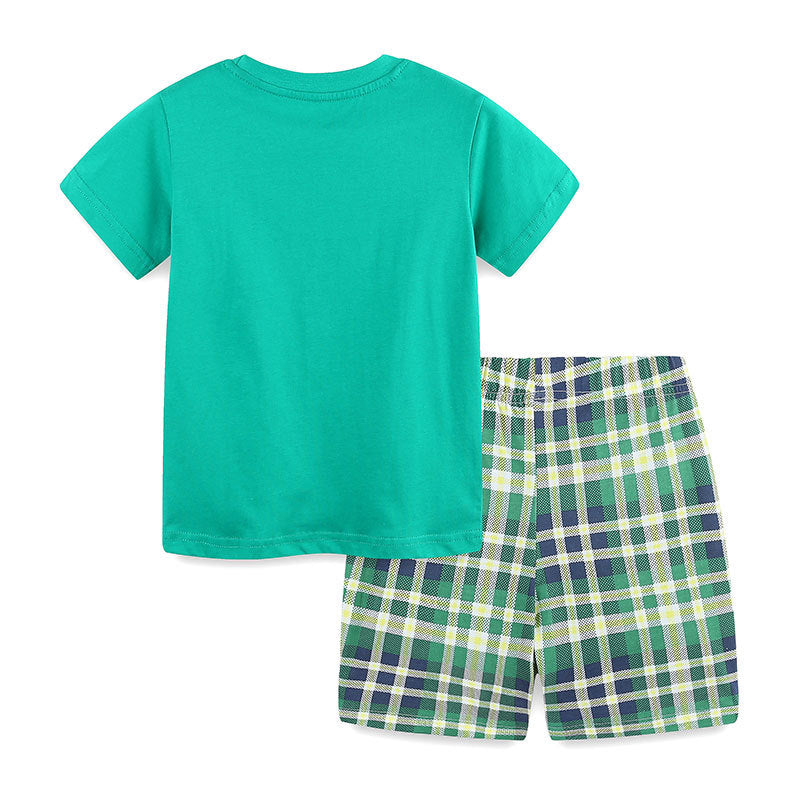 Summer Baby Kids Cartoon Pattern T-shirt and Plaid Shorts Clothing Set