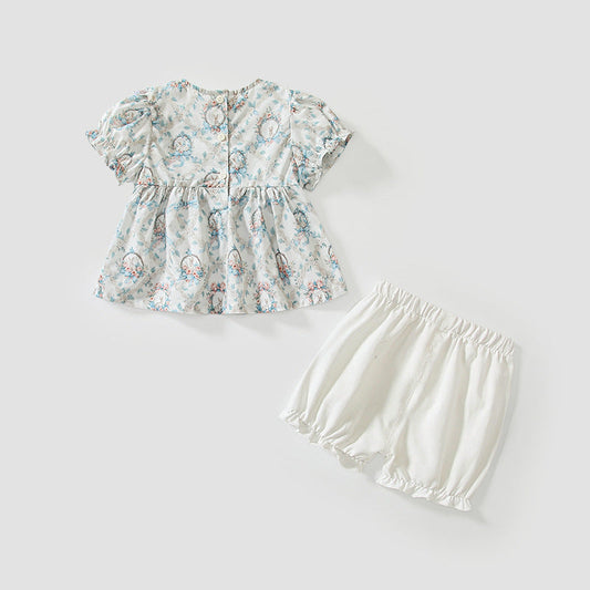 Summer Baby Kids Floral Pattern Dress and Plain Shorts Clothing Set