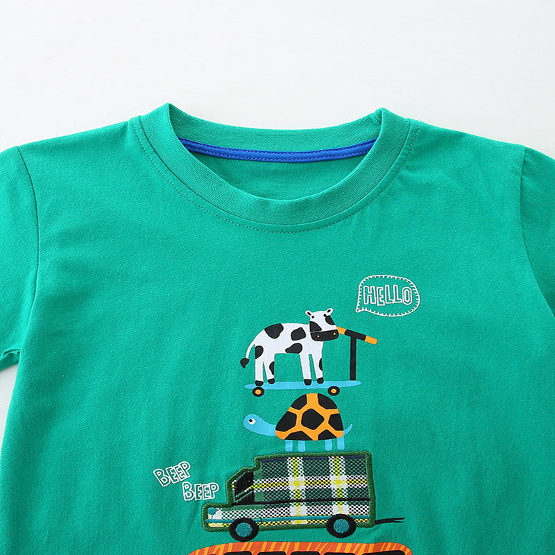 Summer Baby Kids Cartoon Pattern T-shirt and Plaid Shorts Clothing Set