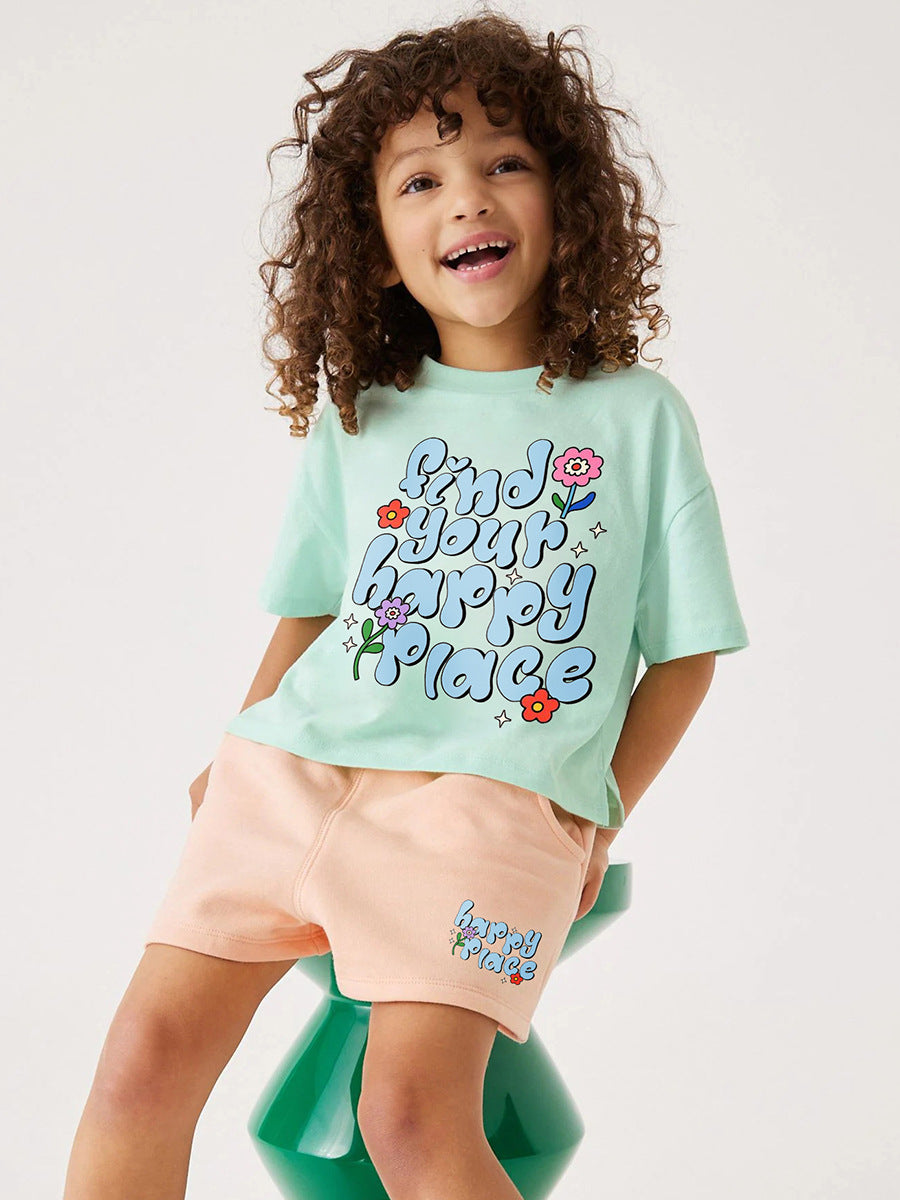 Baby And Kids Girls Floral Words Print Top And Shorts Casual Clothing